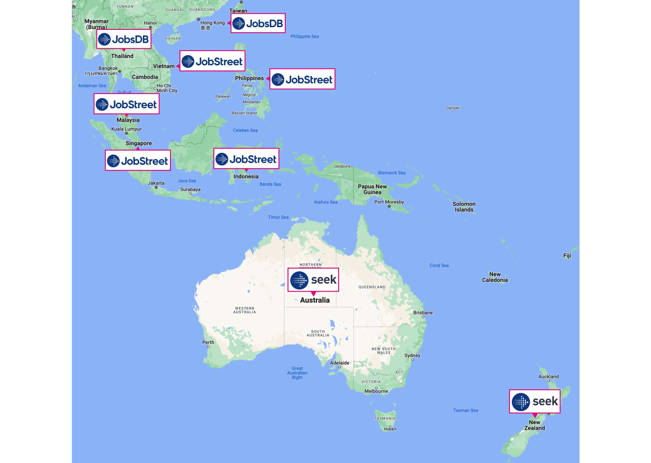 Map of SEEK's APAC markets covered by JobStreet and JobsDB