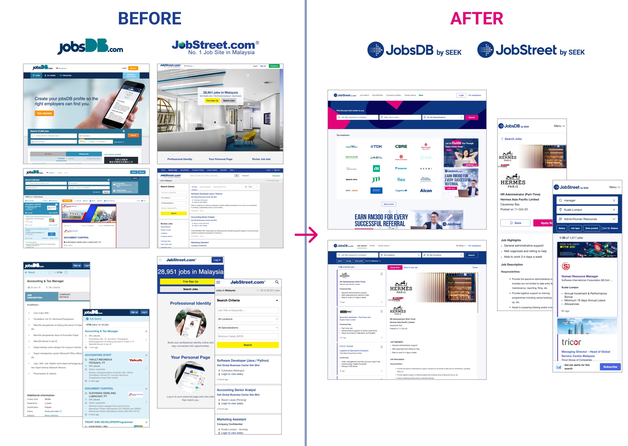 Before and after comparison of the legacy JobStreet/JobsDB experience and the unified SEEK job discovery experience